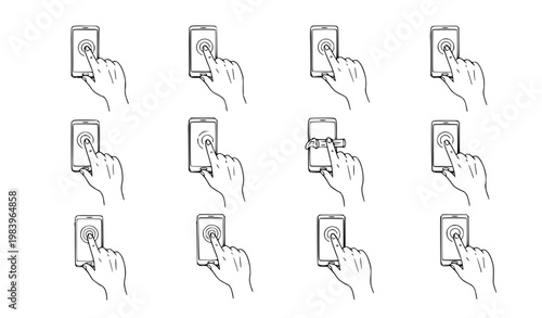 hand with a key Sketch hand touch smartphone vector set with minimal line art gestures including tap swipe and zoom actions