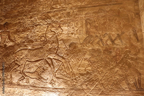 Ancient egyptian hieroglyphics at Abu Simbel temple, Aswan, Egypt