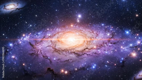 Cinematic view of a vibrant spiral galaxy featuring a luminous orange core, purple dust clouds, and glowing blue star clusters, set against a backdrop of distant deep space galaxies.
