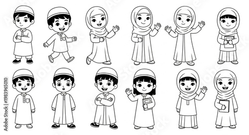 Islamic children in traditional attire, various poses, black and white illustration.