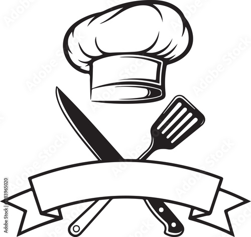 Chef's hat crossed with kitchen utensils on a banner - stock vector.