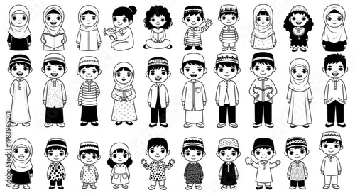 Islamic Children in Various Poses and Attires, Black and White Illustration.