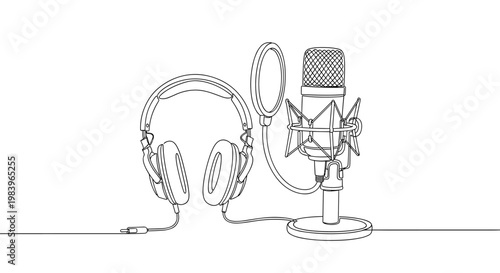 Professional studio microphone with pop filter and headphones for recording audio, podcasting, music production, and voiceovers.