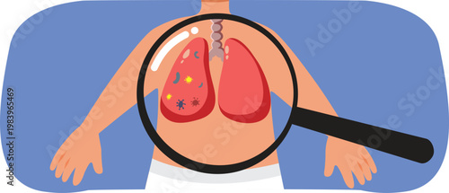 Boy Examined with a Magnifying Glass Checking Lungs vector Cartoon. Child suffers viral disease being investigated medically 