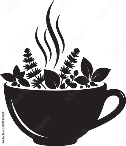 Foto A steaming cup filled with aromatic herbal tea leaves and plants - stock vector