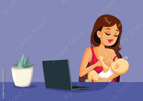 Working Mom Breastfeeds at her Office Desk Vector Illustration. Busy mother feeding her child naturally while working 
