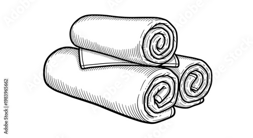 Rolled towels stack in vintage woodcut sketch style black and white engraving drawing for spa and bathroom interior design.