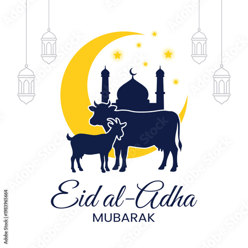 Eid Al-Adha Mubarak Poster with Cow and Mosque Silhouette
