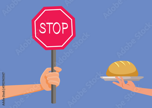 Person with Stop Sign Refuses a Hamburger Vector Illustration. Woman refuses fast food burger choosing healthy eating lifestyle 