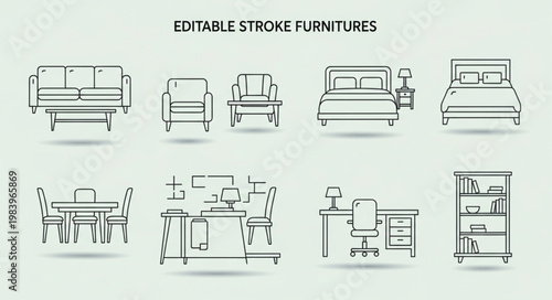 Collection of Editable Stroke Furniture Icons for Interior Design.