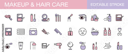 メイクアップとヘアケアのラインアイコンセット（線幅変更可能・カラー）