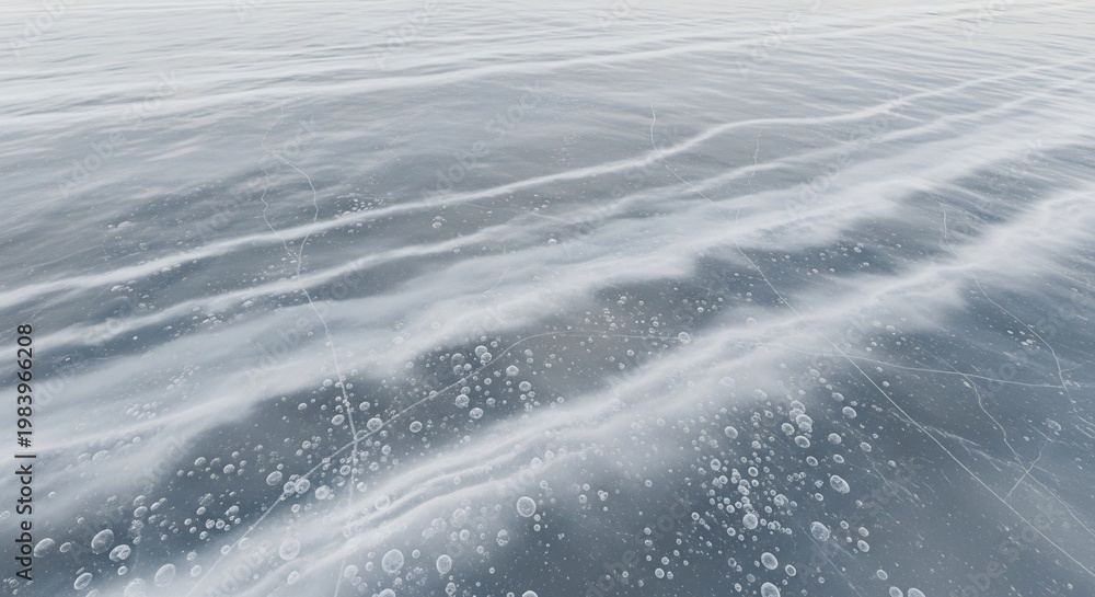 Fototapeta premium Abstract Frozen Water Surface with Ice Formations and Bubbles.