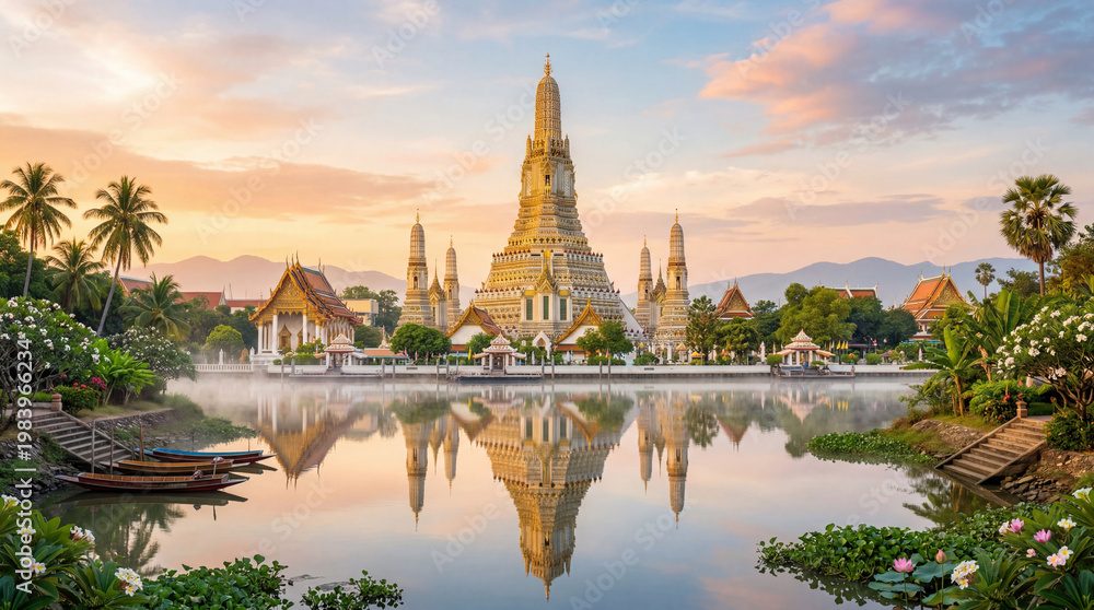 Fototapeta premium Wat Arun temple reflection lake morning Bangkok