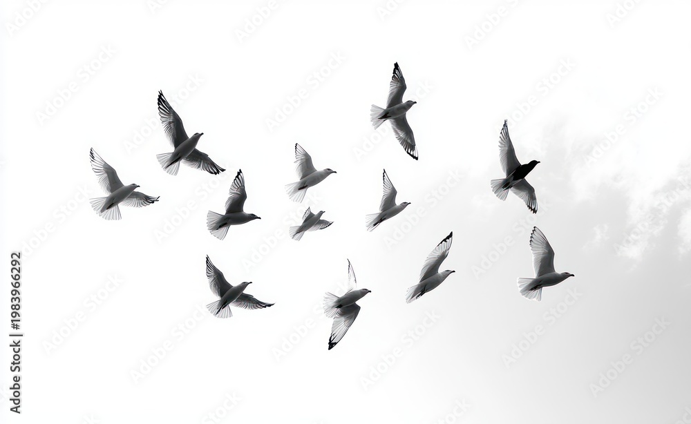 Obraz premium Minimalist monochrome scene of a flock of seagulls gliding across an expansive bright sky with a faint cloud, conveying freedom and serenity