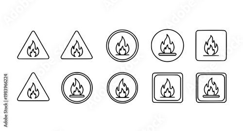 Warning fire icon set editable stroke flame danger symbol outline vector illustration