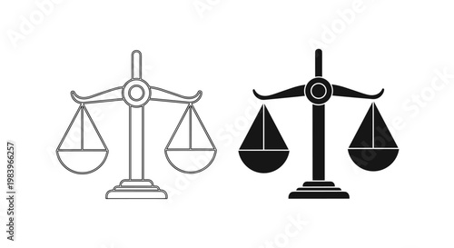 Scales of justice icons featuring two versions of legal balance for law court equality and fair trial symbolic designs.