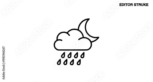 Night rain line icon editable stroke cloud raindrops crescent moon weather vector illustration