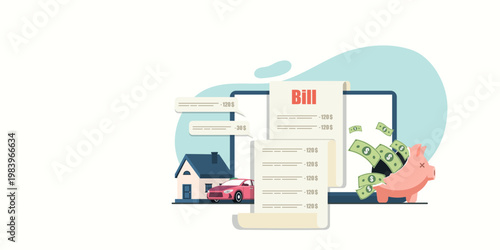 Digital bill payment and debt management concept featuring a house, car, and a broken piggy bank losing money, representing financial crisis and expenses.