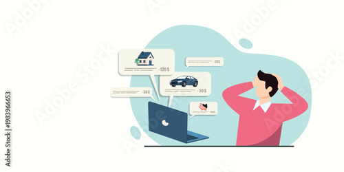 A man holds his head in stress while looking at a laptop. Icons represent financial burdens like mortgage, car loans, and bills, showing a concept of debt and money management.