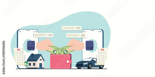 Hands reaching out from smartphones to take money from a wallet for house and car bills, representing digital debt payment and financial responsibility.
