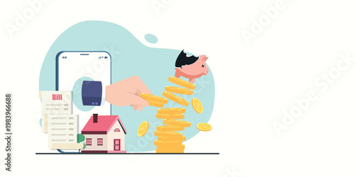 A hand reaching out of a smartphone to take gold coins from a wobbly stack topped with a broken piggy bank, next to a house and unpaid bills, representing financial crisis and debt.