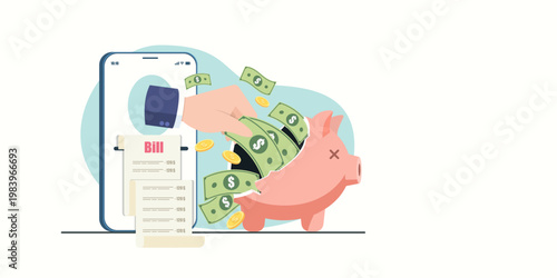 A hand emerges from a smartphone to grab cash and coins from a broken piggy bank next to a long bill, representing debt, financial crisis, and digital payments.