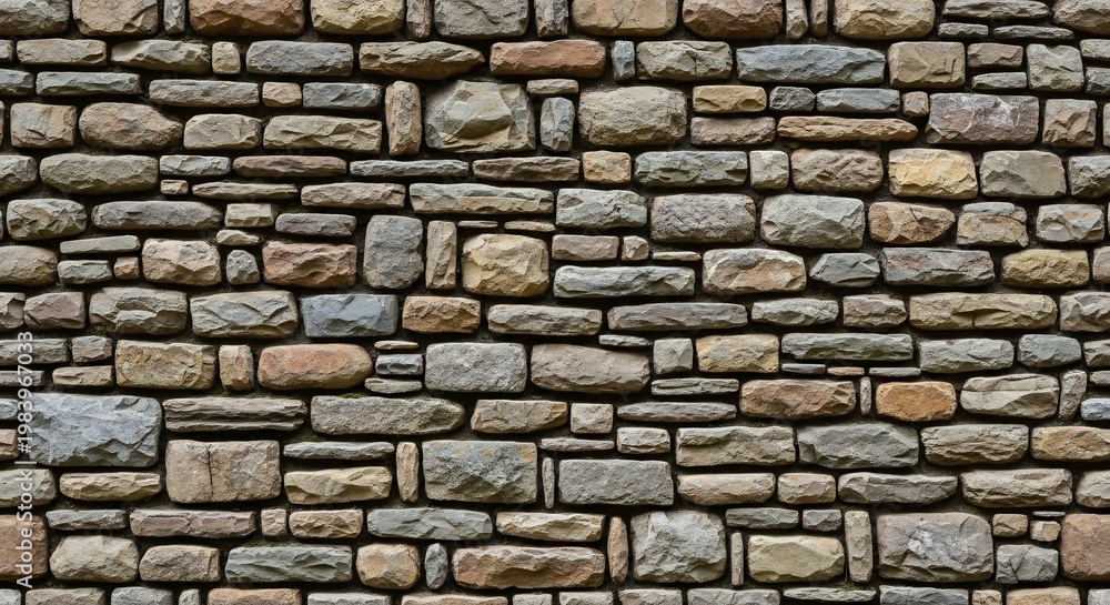 Fototapeta premium Detailed Texture of a Rustic Stone Wall with Varied Sized Rocks.