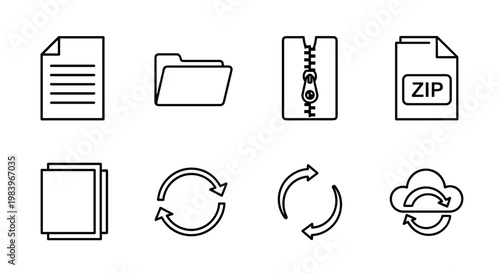 Set of icons for documents folders zip files synchronization and cloud storage for data management.