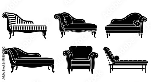 Set of silhouettes of elegant chaise lounge chair with various designs, comfortable antique long sofa for relaxation.