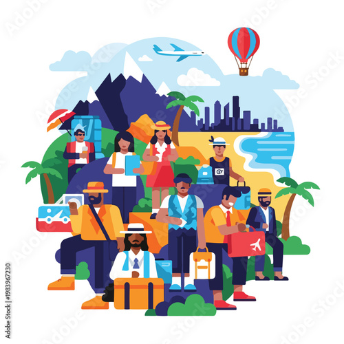 Diverse group of travelers with luggage.