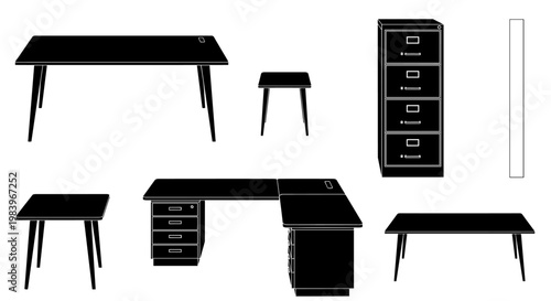 Set of various office furniture silhouettes including desks, tables, stool, and filing cabinet, modern design elements.