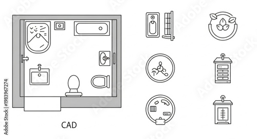 CAD drawing of a bathroom layout with fixtures.