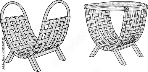 Handcrafted woven basket designs with crisscross pattern, curved handles and short legs, decorative functional household storage illustration for interior decor