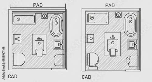 Two bathroom floor plan designs comparison CAD drawings.