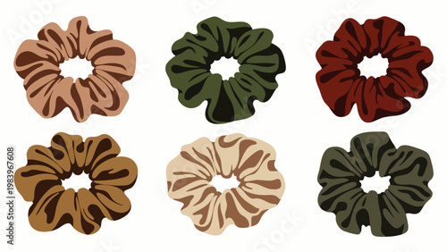Collection of stylish scrunchies in various earthy and muted tones, perfect for trendy hair accessories, fashion, and vintage-inspired designs.