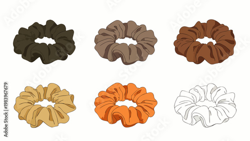 Colorful scrunchies vector set. Fashionable elastic hair ties in brown, orange, beige, and outline versions, isolated on white.