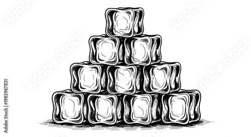 Stack of crystal clear ice cubes in hand drawn engraving style for summer drinks and cool beverages isolated on white background.