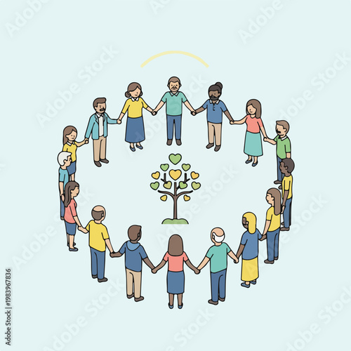 Diverse people holding hands in circle.