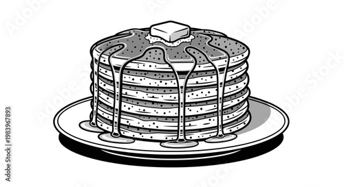Stack of pancakes with syrup and butter on plate sketch illustration of sweet breakfast dessert isolated on white background.
