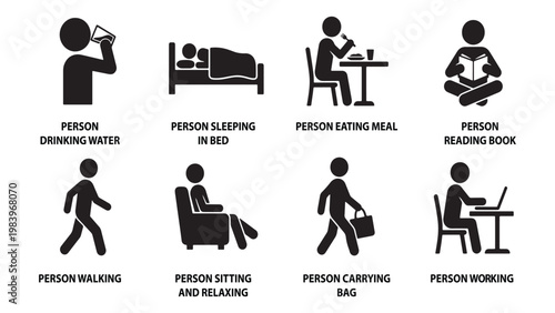 Daily Routine Activities Icon Set - Solid Silhouette Style of People Doing Daily Tasks