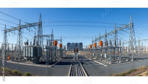 Electrical substation power grid infrastructure with steel towers and orange housings leading to a modern data center for energy sustainability and utility reporting
