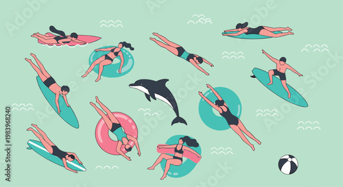 Summer beach activities collection with people swimming surfing diving and floating inflatable rings ocean lifestyle illustration set