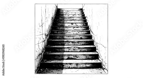 Staircase in abandoned building sketch showing weathered concrete walls and cracked steps in dark basement corridor scene.