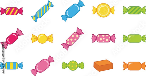 Assortment of colorful wrapped candies and one unwrapped candy bar sweets confectionery treat sugar