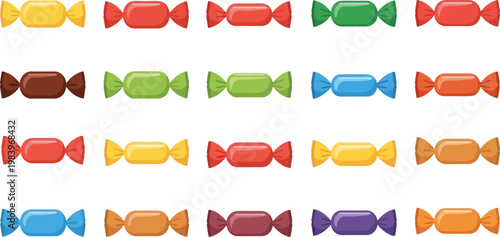 Assortment of colorful wrapped candies in rows on white background candy sweets confectionery wrapped candy