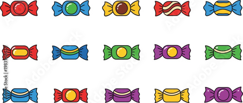 Assortment of colorful wrapped candies with rounded ends and bow ties candy sweet treat wrapper