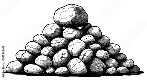 Stones pile hand drawn illustration in black and white sketch style isolated on white background for landscape decoration.