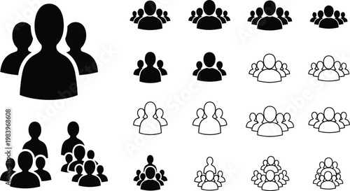 Collection of black and white group representing people in various formations group people silhouette
