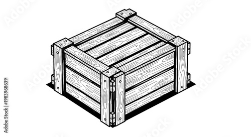 Sturdy wooden crate for storage and transport illustrated in isometric perspective with visible wood grain.