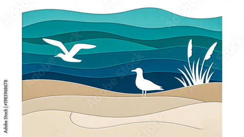 Seagulls flying over sandy beach with ocean waves and cattails